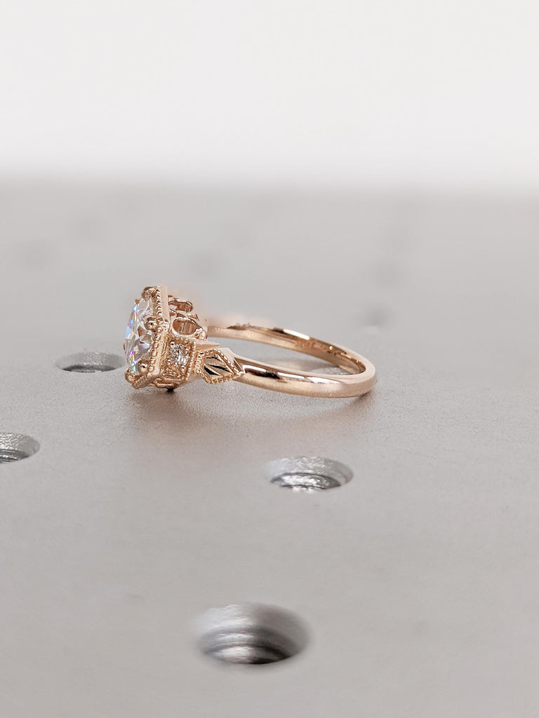 14K Rose Gold Moissanite Ring | Art Deco Moissanite Anniversary Ring | Dainty Wedding Rings for Women | Milgrain Ring | Unique Antique Ring