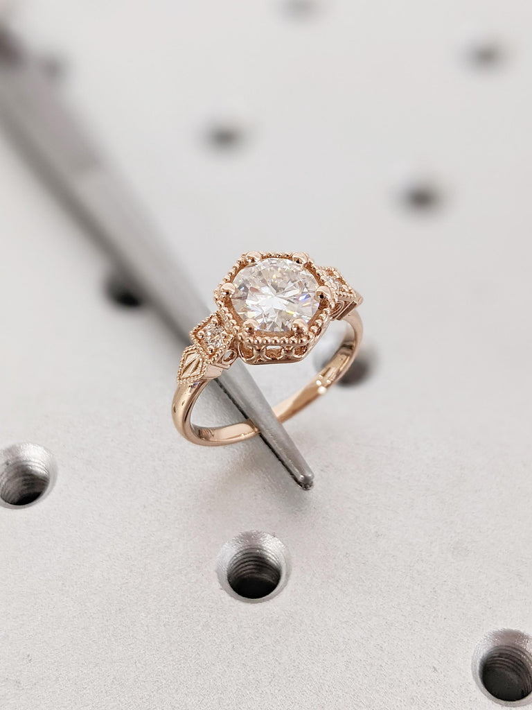 Vintage Moissanite Engagement Ring | 14K Rose Gold Diamond Ring | Art Deco Promise Rings for Women | Antique Milgrain Ring | Bridal Ring