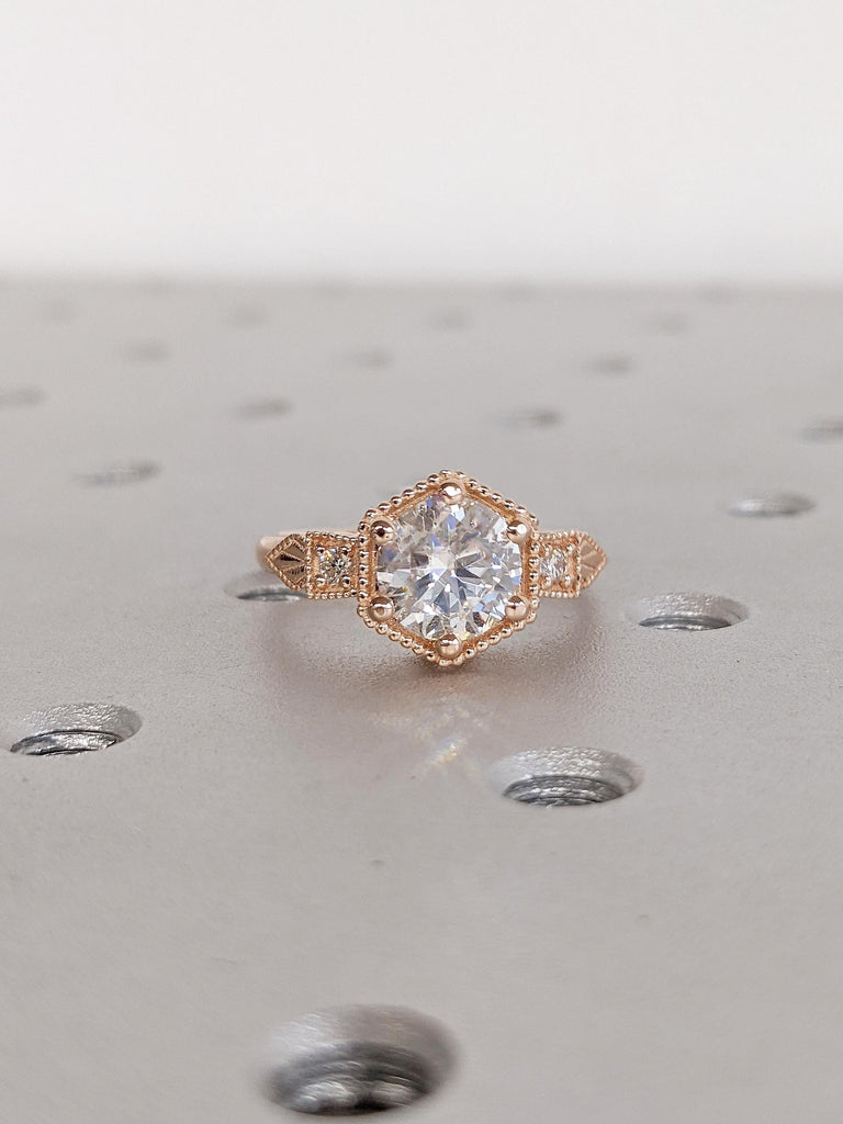 Vintage Moissanite Engagement Ring | 14K Rose Gold Diamond Ring | Art Deco Promise Rings for Women | Antique Milgrain Ring | Bridal Ring