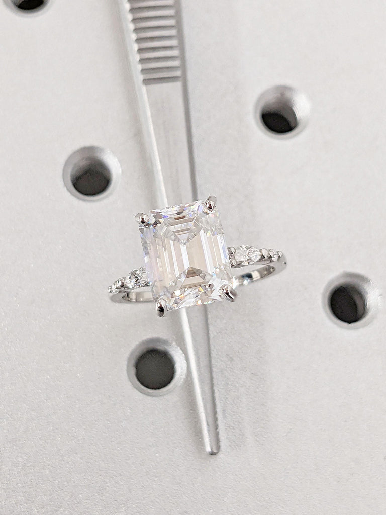 3CT Emerald cut Moissanite Engagement Ring | Marquise and Round Moissanite Engagement Ring | Emerald Cut Ring, Solitaire Ring, Multi Stone Ring