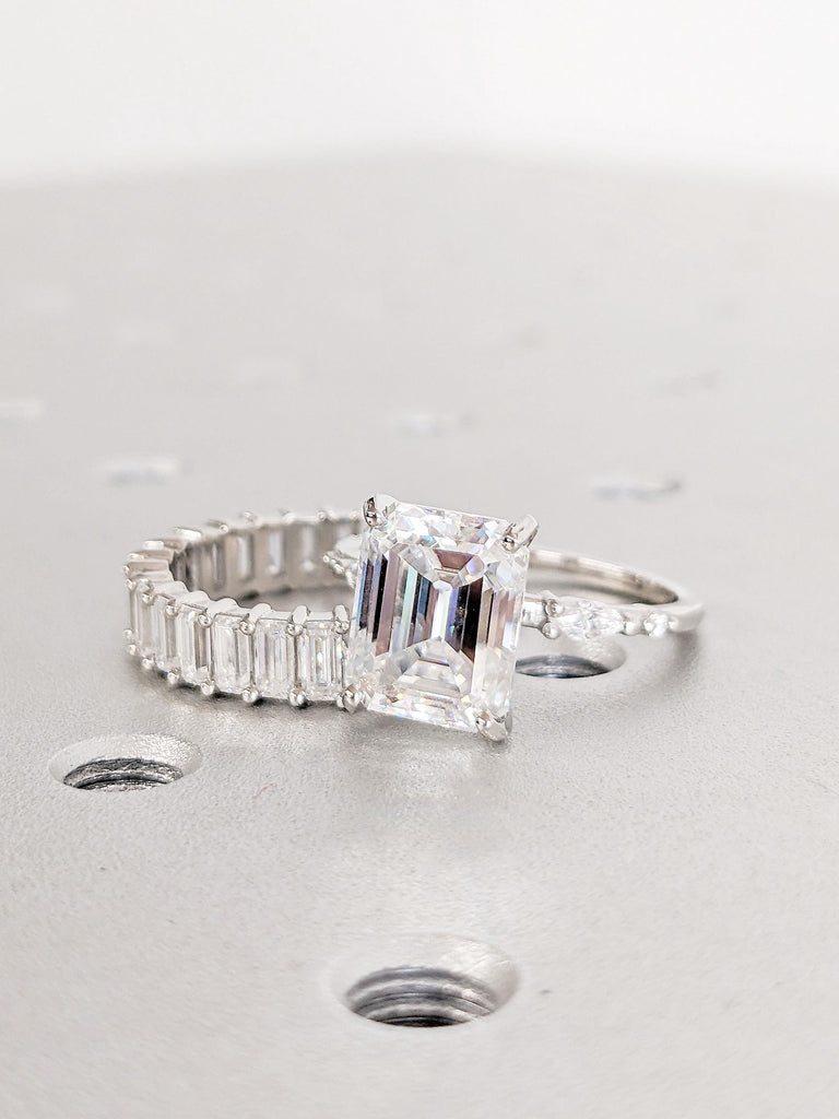 Emerald cut Lab Created Diamond Eternity Ring | Half Eternity Stacking Band | Platinum Woman Bridal Jewelry Set | Moissanite and Sparkling Diamonds