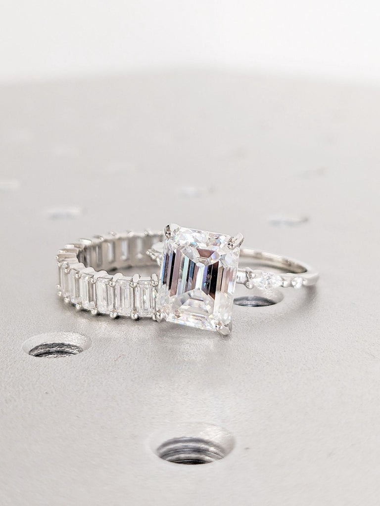 Emerald cut Diamond Eternity Ring | Half Eternity Stacking Band | Platinum Woman Bridal Jewelry Set | Moissanite and Sparkling Diamonds