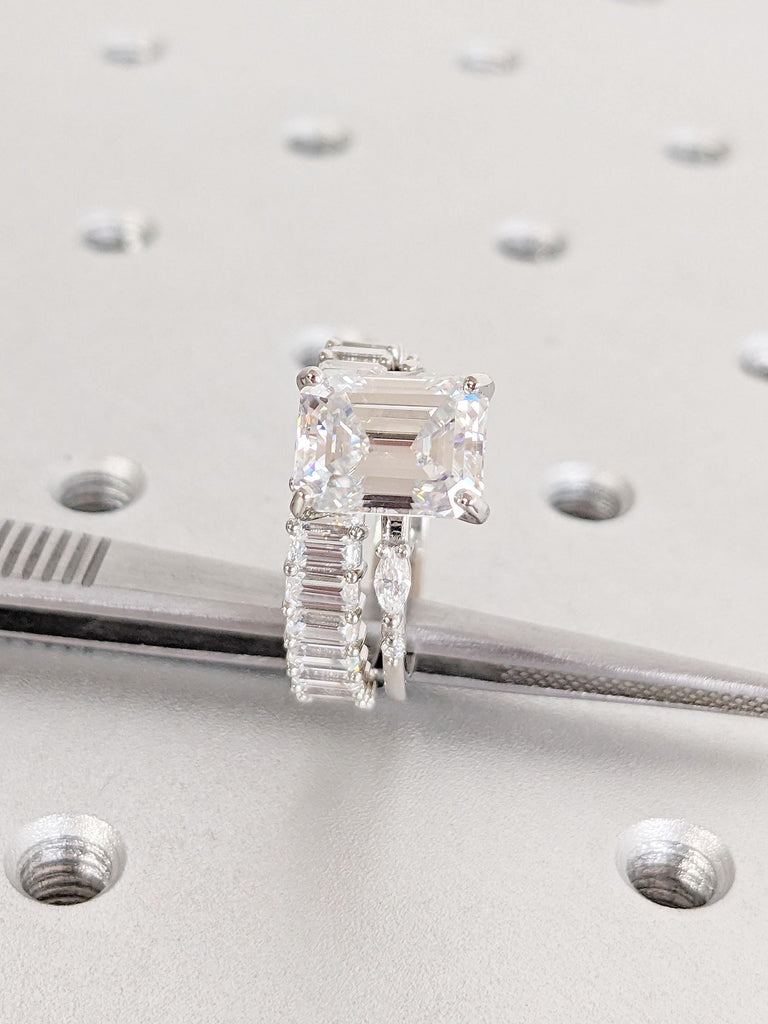 Emerald cut Moissanite and Lab Diamond Stacking Ring Set | Platinum Moissanite Engagement Ring for Her | Marquise Simulated Diamond Ring