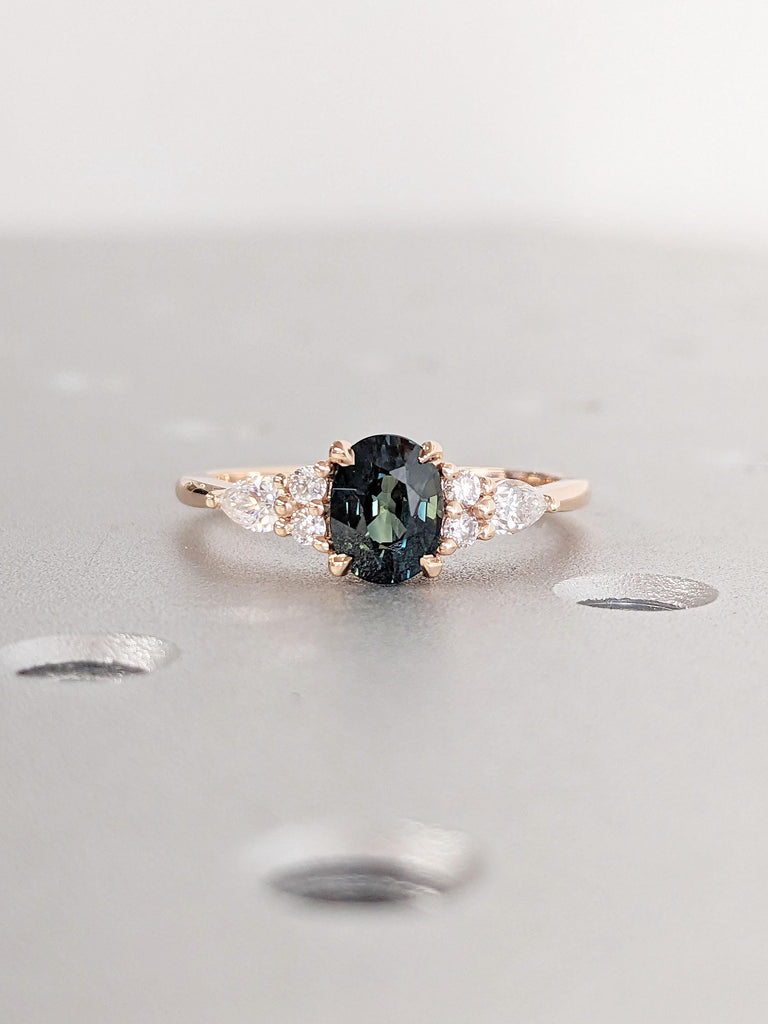 Unique Teal Sapphire and Diamond Engagement Ring For Her | Oval Sapphire Ring | Solid Rose Gold Promise Ring | Art Deco Diamond Cluster Ring