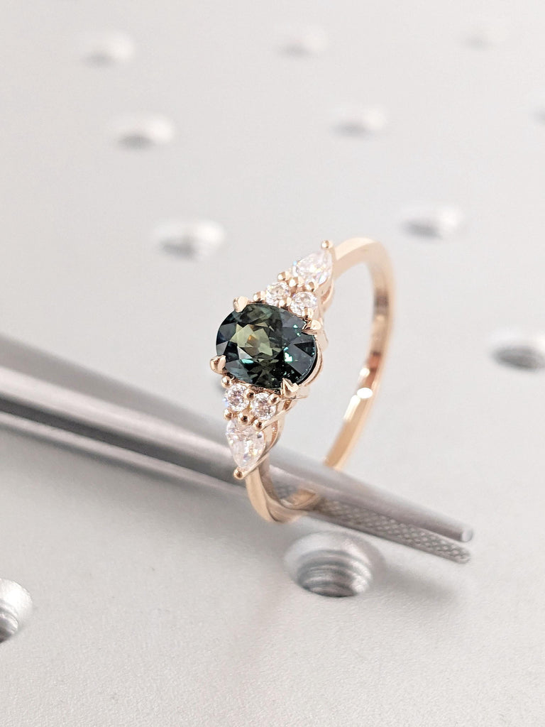 Oval cut Natural Teal Sapphire Wedding Anniversary Ring for Wife | Solid Rose Gold Engagement Ring with Sparkling Diamond Cluster