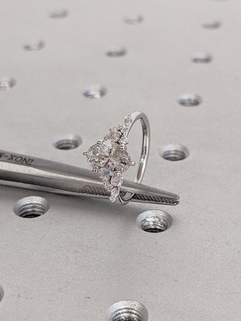 Oval Cut Moissanite Engagement Ring | 14k White Gold Ring | Unique Snowdrift 6 Prong Diamond Cluster Promise Ring | Anniversary Gift for Her