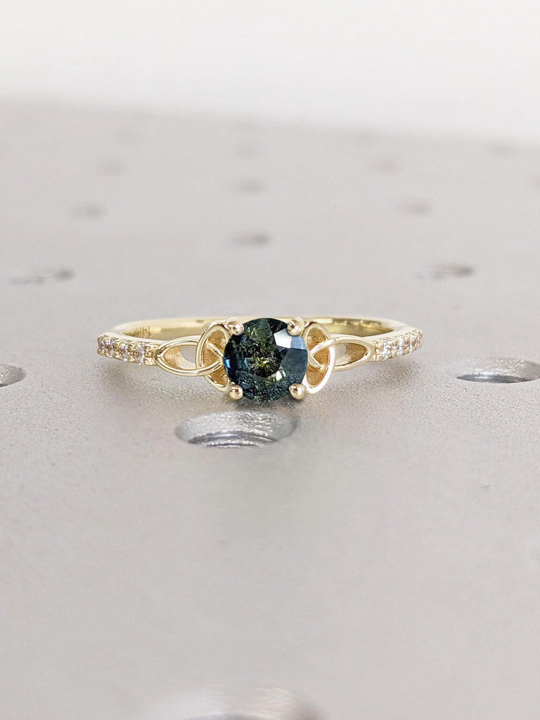 Round cut Natural Blue Green Sapphire Celtic Ring | Solid Yellow Gold Engagement Ring | Irish Knot Promise Ring | Wedding Anniversary Gift