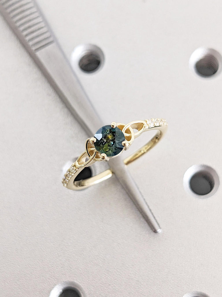 Vintage Blue Green Sapphire Engagement Ring | Round cut Yellow Gold Anniversary Ring | Moissanite Diamond Promise Ring | Celtic Knot Ring