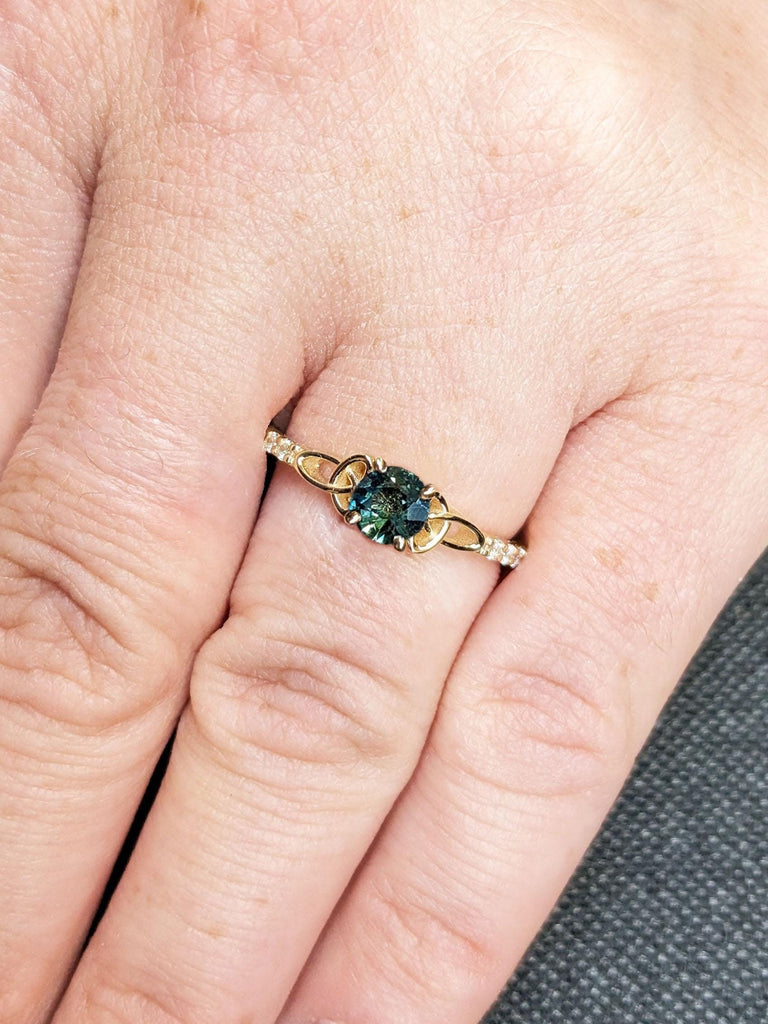 Vintage Round Natural Peacock Sapphire Engagement Ring - 14k Yellow Gold Teal Sapphire Ring - Diamond Moissanite Cluster Ring - Celtic Love Knot Wedding Ring