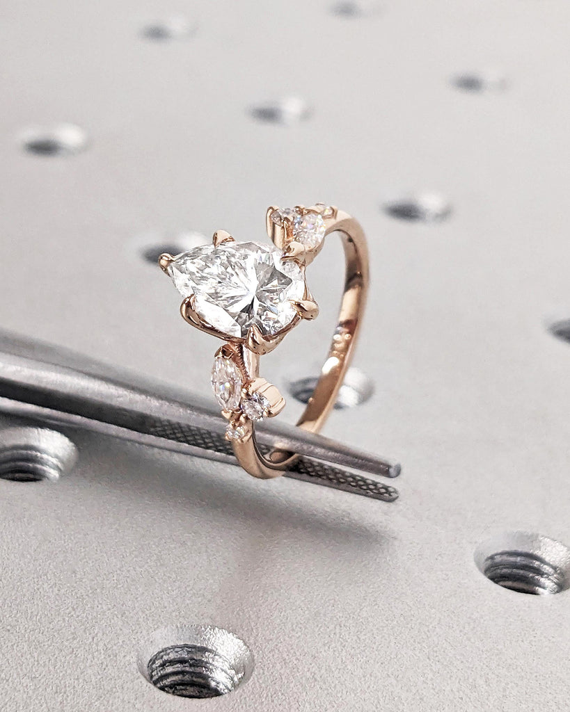 Pear Shaped Lab Diamond Nature Engagement Ring / Diamond Accent Leaves on Twig Ring / Dainty Leaf Ring / 14K Rose Gold / Unique Promise Ring