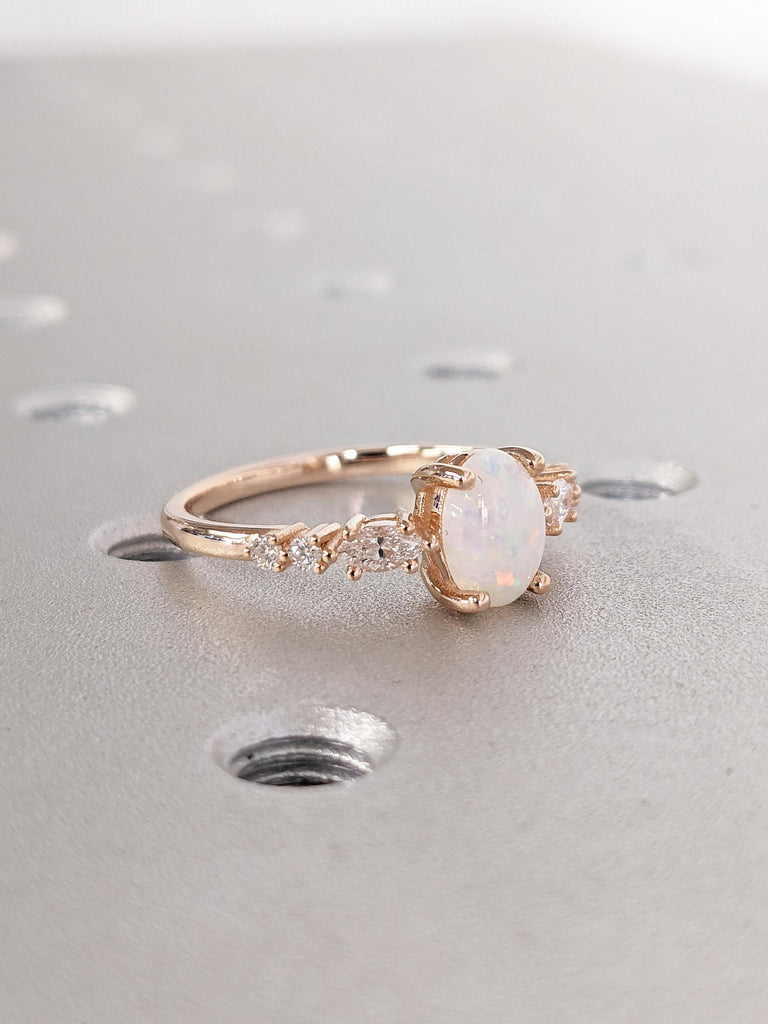 Natural Opal Engagement Ring, 14k Rose Gold Wedding Ring, Oval Cut Vintage Opal Ring, Art Deco Promise Rings for Women, Unique Opal Jewelry