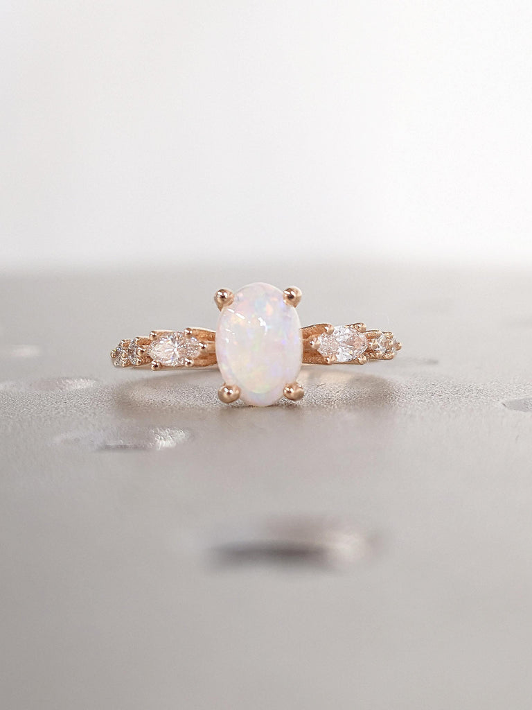 Natural Opal Engagement Ring, 14k Rose Gold Wedding Ring, Oval Cut Vintage Opal Ring, Art Deco Promise Rings for Women, Unique Opal Jewelry