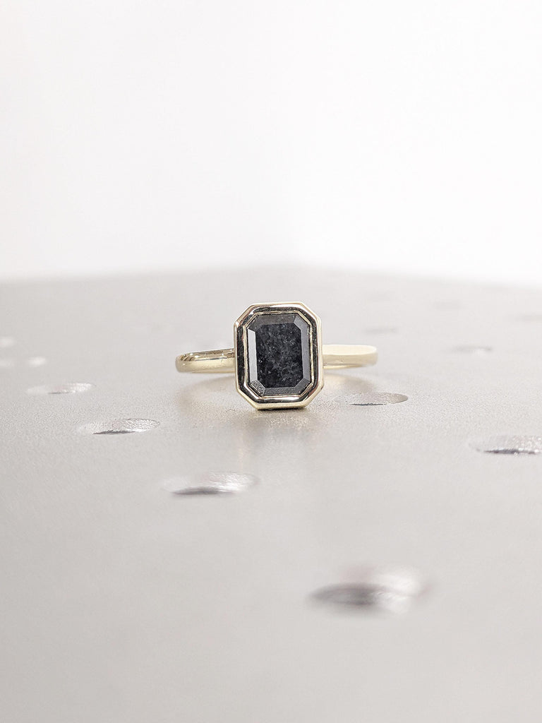 14K Yellow Gold Engagement Ring, Emerald Salt and Pepper Diamond Ring, Solitaire Promise Ring, Dainty Statement Ring, Unique Gift For Women