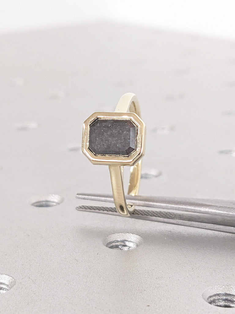 14K Yellow Gold Engagement Ring, Emerald Salt and Pepper Diamond Ring, Solitaire Promise Ring, Dainty Statement Ring, Unique Gift For Women