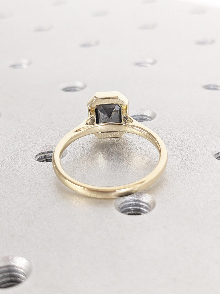 14K Yellow Gold Engagement Ring, Emerald Salt and Pepper Diamond Ring, Solitaire Promise Ring, Dainty Statement Ring, Unique Gift For Women