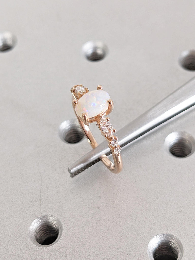 Natural Opal Engagement Ring, 14k Rose Gold Wedding Ring, Oval Cut Vintage Opal Ring, Art Deco Promise Rings for Women, Unique Opal Jewelry