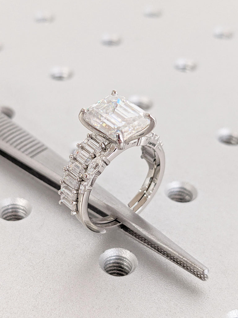 Lab Created Diamond and Moissanite Promise Ring | Emerald Cut Simulant Diamond Bridal Ring Set | Platinum Ring | Moissanite Stacking Ring