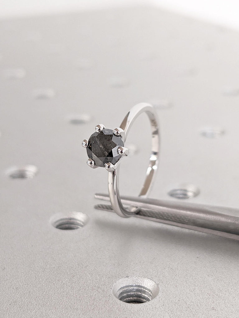 Solitaire Diamond Ring | Salt and Pepper Diamond Engagement Ring | 14k White Gold Anniversary Ring | Minimalist Ring | Unique Promise Ring