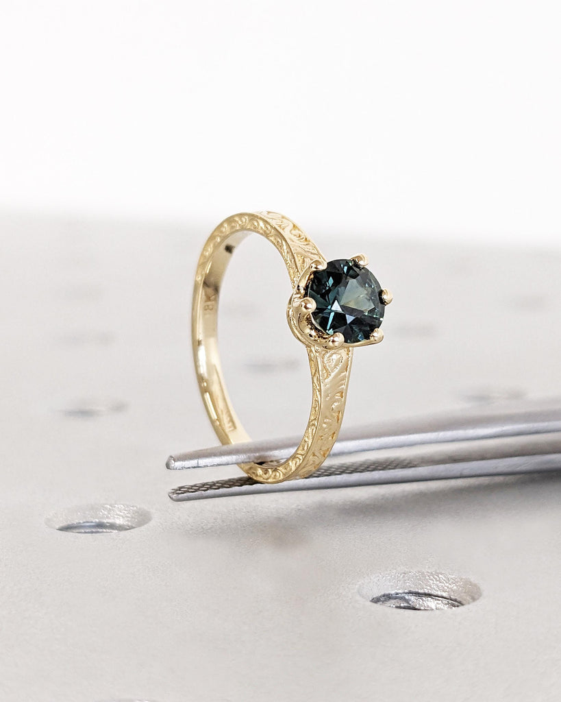 One of a Kind Montana Sapphire Ring, Blue Sapphire Diamond Cluster Ring, Vintage Inspired Blue Sapphire Engagement Ring, 18K Gold Green Teal