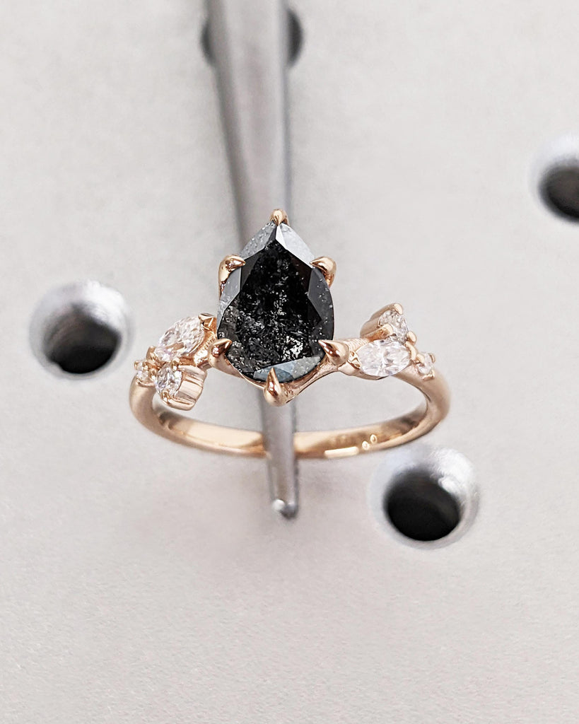 Salt and Pepper Diamond Ring, Dainty 14k Rose Gold Promise Ring, Art Deco Leaf Shape Marquise Pear Diamond Moissanite Ring, Unique Leaf Ring