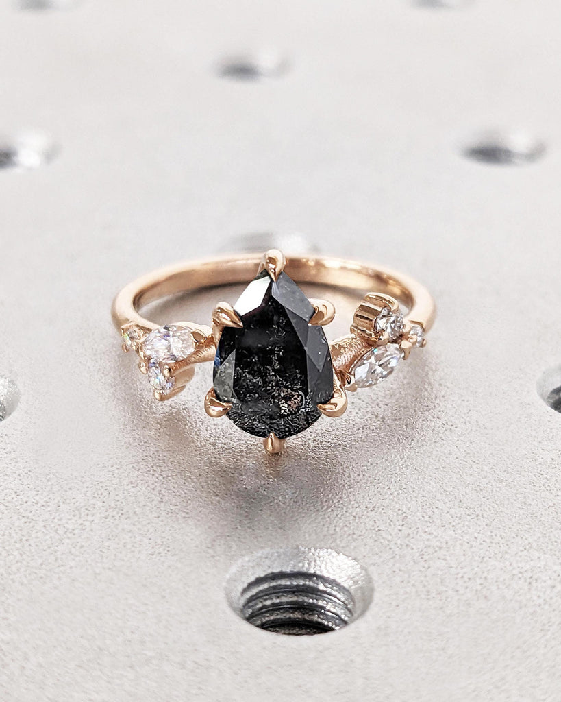 Salt and Pepper Diamond Ring, Dainty 14k Rose Gold Promise Ring, Art Deco Leaf Shape Marquise Pear Diamond Moissanite Ring, Unique Leaf Ring