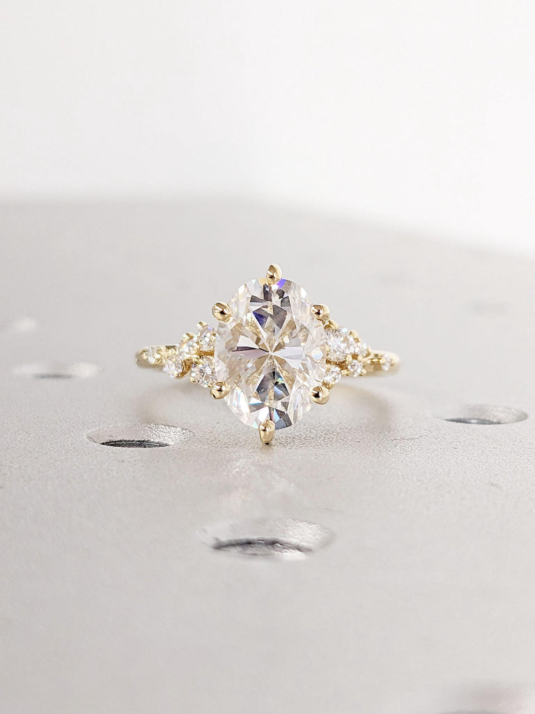 Oval Lab Grown Diamond 18K Yellow Gold Hidden Halo Engagement Ring | Unique Snowdrift Diamond Cluster Promise Ring | Wedding Ring for Her