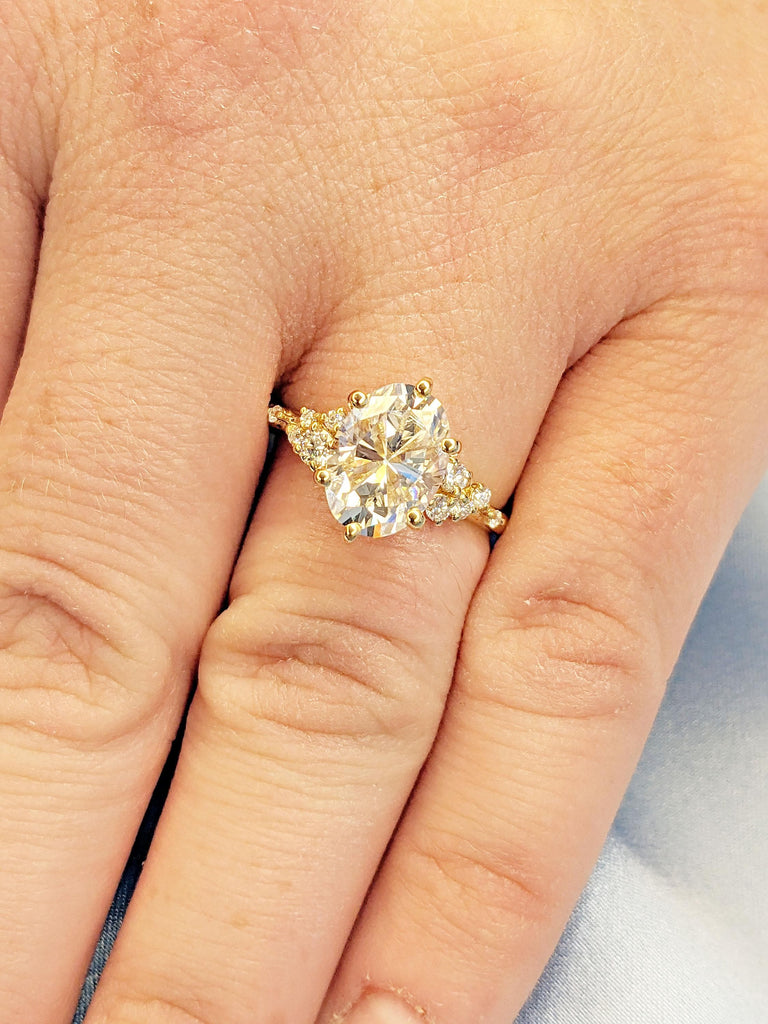 Oval Lab Grown Diamond 18K Yellow Gold Hidden Halo Engagement Ring | Unique Snowdrift Diamond Cluster Promise Ring | Wedding Ring for Her