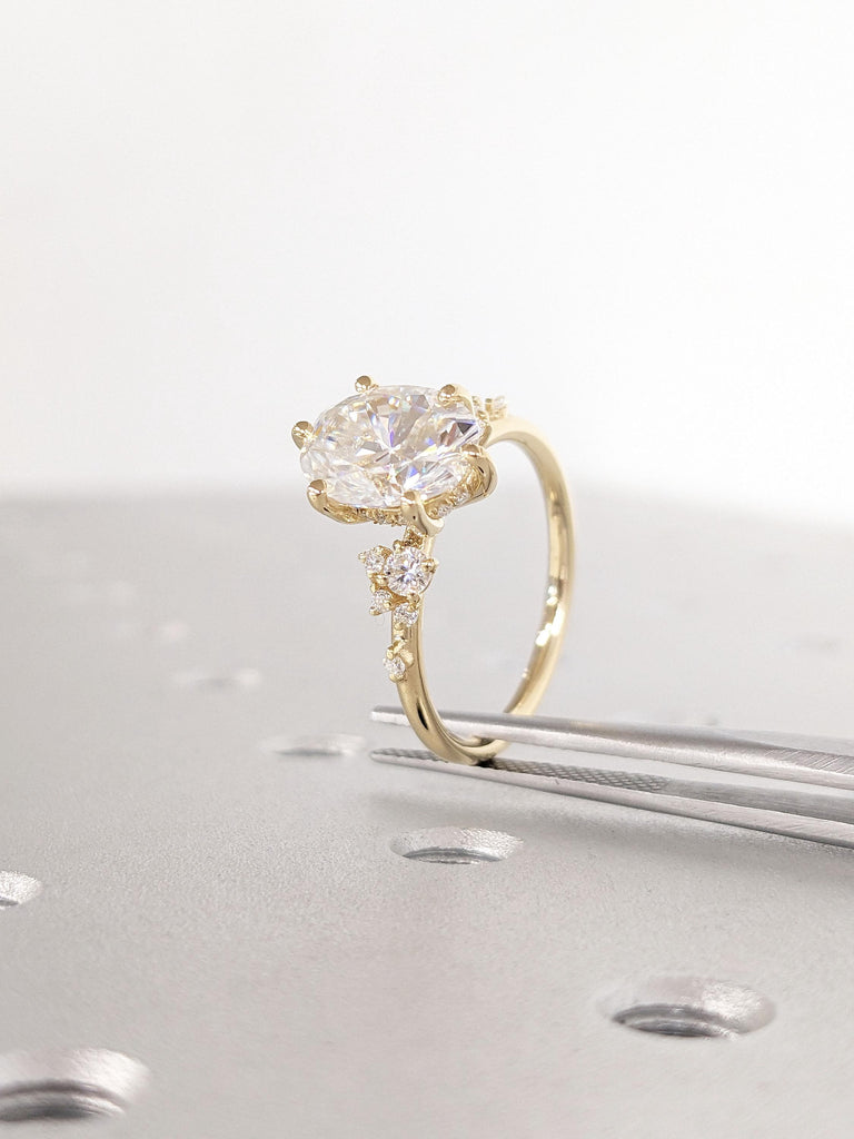 18K Yellow Gold Moissanite Hidden Halo Engagement Ring | Unique Snowdrift Lab Diamond Cluster Art Deco Promise Ring |  Wedding Ring for Her