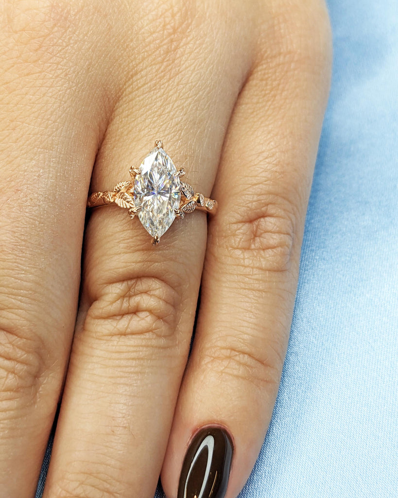 Marquise Cut Nature Engagement Ring, Marquise Moissanite Ring, Solitaire Marquise Engagement Ring, Dainty Leaf Ring, Rose Gold Promise Ring