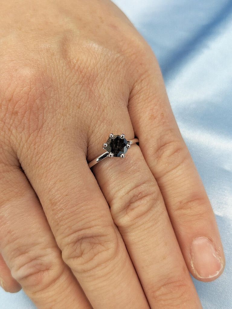 Solitaire Diamond Ring | Salt and Pepper Diamond Engagement Ring | 14k White Gold Anniversary Ring | Minimalist Ring | Unique Promise Ring