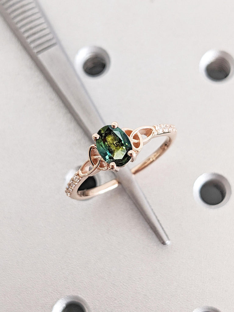 Vintage Blue Green Sapphire Engagement Ring | Oval cut Rose Gold Anniversary Ring | Moissanite Diamond Promise Ring | Celtic Knot Ring