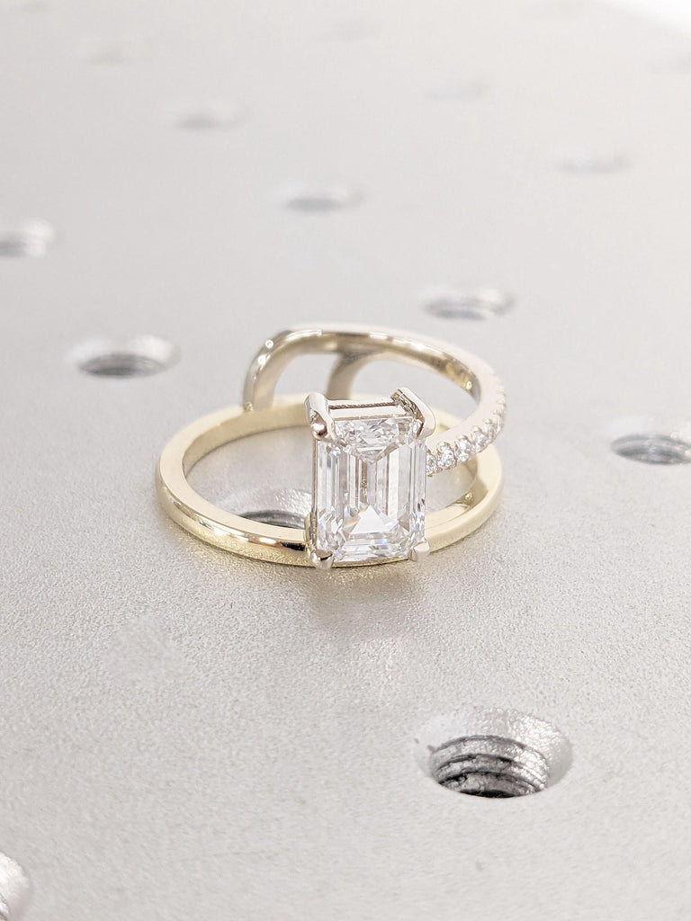 Emerald Cut Moissanite Solitaire Engagement Ring 14k Solid Gold | Half and Half Paved Diamond Ring, Plain Gold Band | Thin Gold Promise Ring