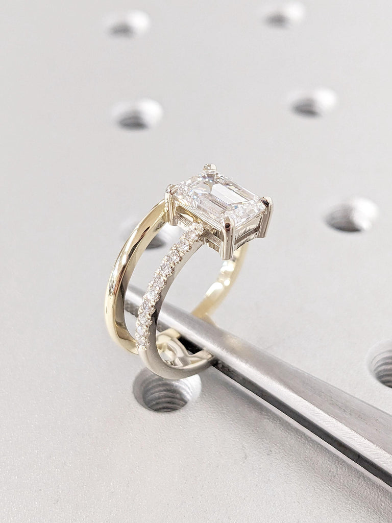 Half Paved Diamond Eternity Band Half Plain Yellow Gold Band | Unique Dainty Moissanite Engagement Ring