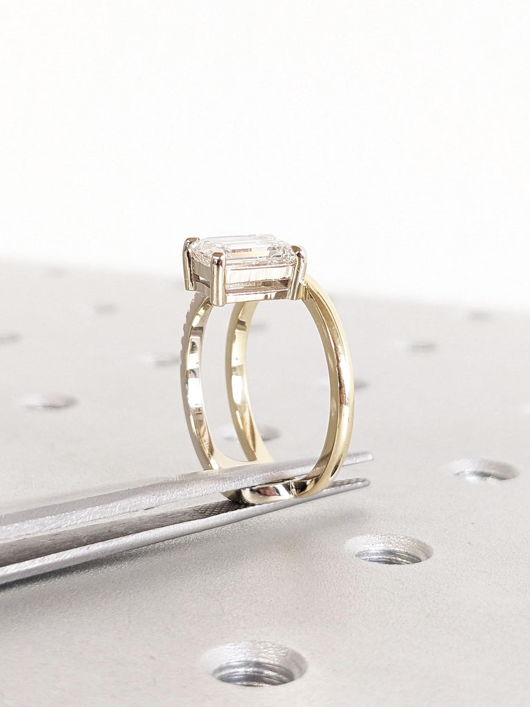 Unique Floating Diamond Promise  Ring for Her | Solid Gold 2 Tone Ring | Emerald cut Diamond Engagement Ring