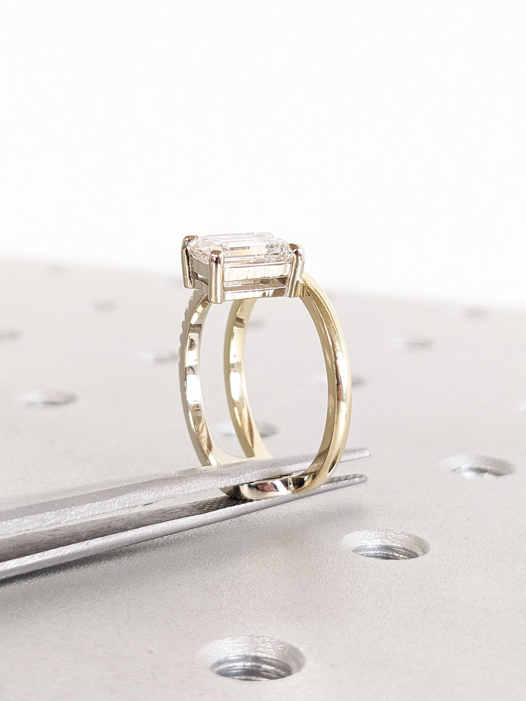 Unique Floating Diamond Promise  Ring for Her | Solid Gold 2 Tone Ring | Emerald cut Diamond Engagement Ring