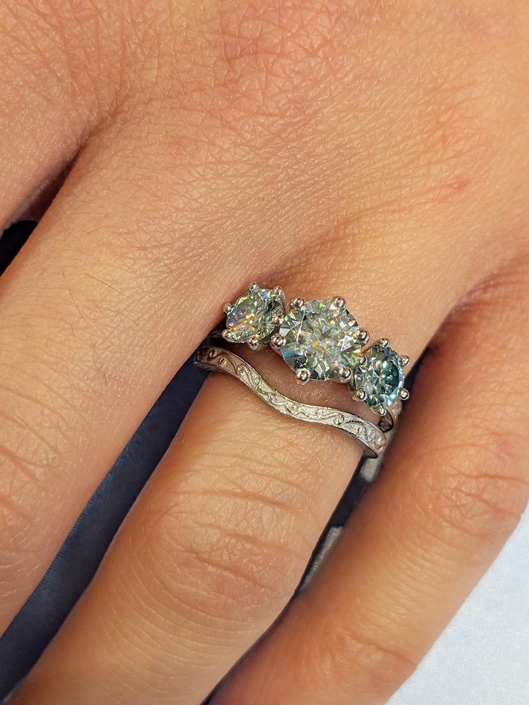 Vintage Green Moissanite Engagement Ring Set, Platinum Filigree Anniversary Ring, Three Stone Wedding Ring, Unique Bridal Set, Art Deco Ring