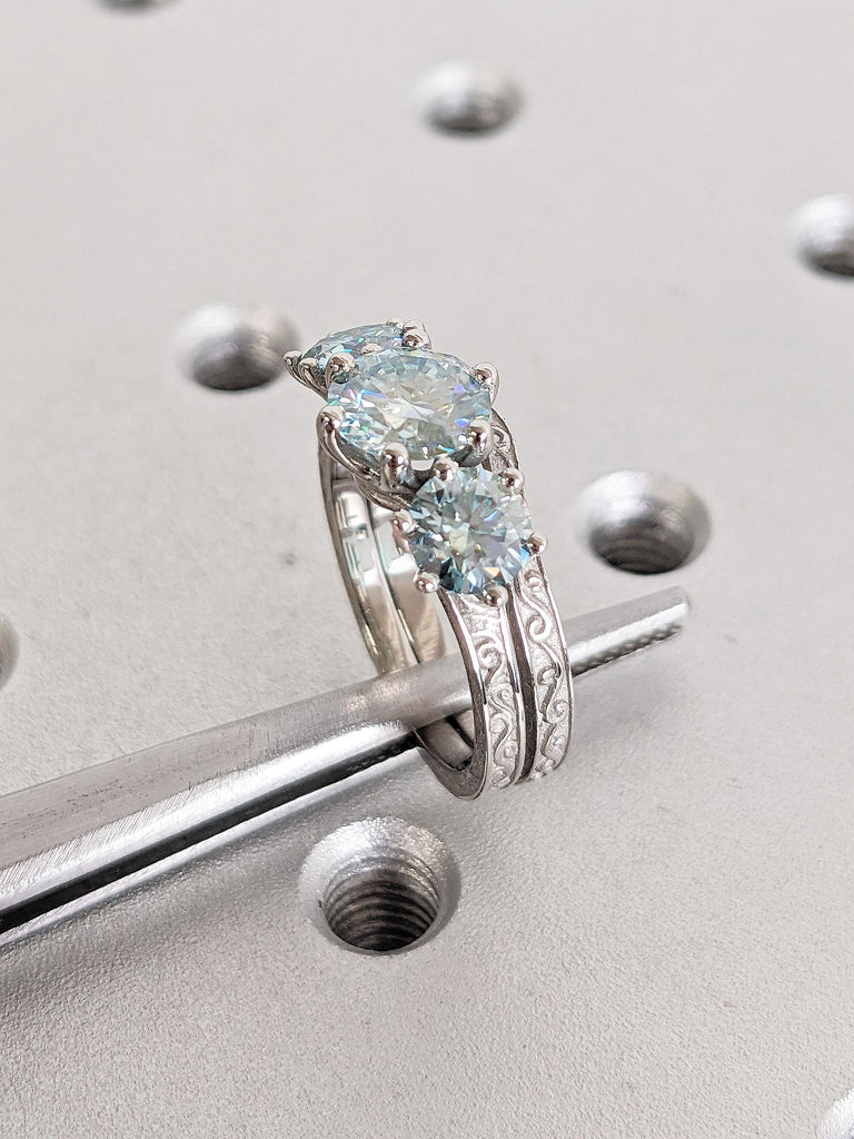 Vintage Green Moissanite Engagement Ring Set, Platinum Filigree Anniversary Ring, Three Stone Wedding Ring, Unique Bridal Set, Art Deco Ring