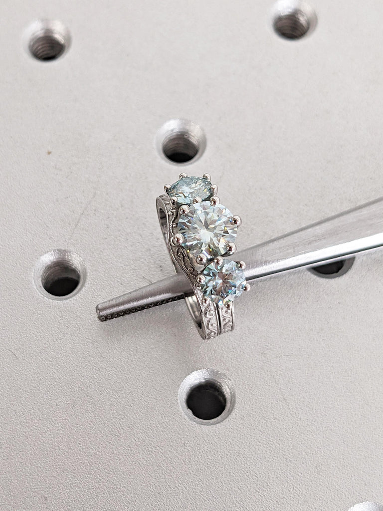 Vintage Green Moissanite Engagement Ring Set, Platinum Filigree Anniversary Ring, Three Stone Wedding Ring, Unique Bridal Set, Art Deco Ring