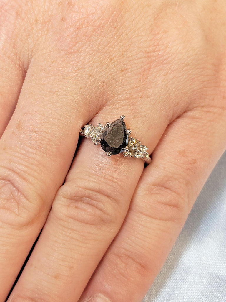 Natural Black Diamond Promise Anniversary Ring for Wife | 18k White Gold Moissanite Cluster Snowdrift Ring | Art Deco Woman Engagement Ring