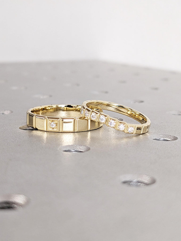 14k Yellow Gold His and Hers Rings | Dainty Moissanite Wedding Ring | Unique Couple Ring | Geometric Ring | Personalized Gifts for Couples