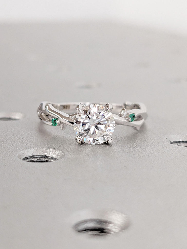 Moissanite and Emerald Nature Inspired Engagement Ring |  14K 18K Yellow Gold Rings for Women | Dainty Promise Ring | Twig Branch Ring