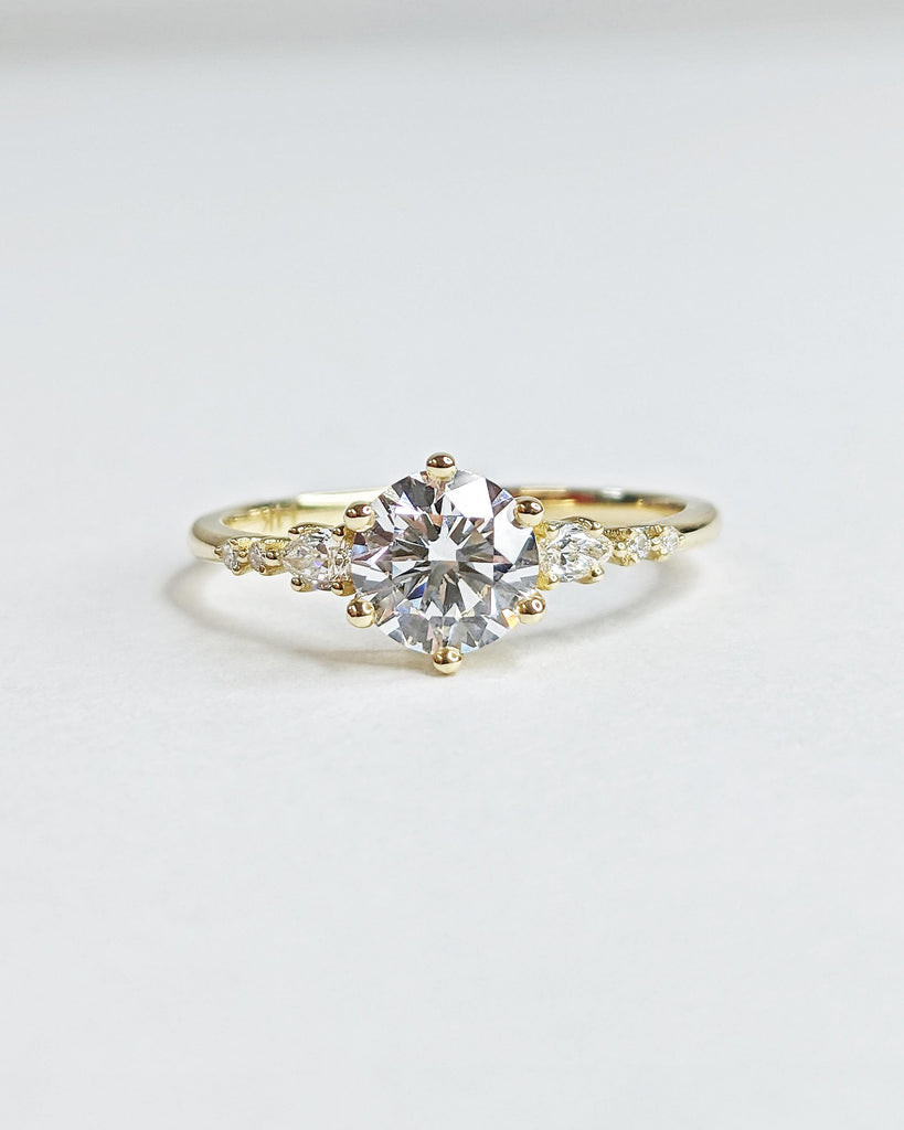 Unique Round and Pear cut Lab Diamond Cluster Promise Ring, Delicate 14K Yellow Gold Tapered Band, Vintage Lab Diamond Engagement Ring Gift