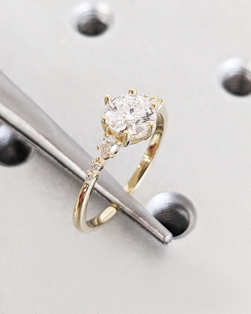 Unique Round and Pear cut Lab Diamond Cluster Promise Ring, Delicate 14K Yellow Gold Tapered Band, Vintage Lab Diamond Engagement Ring Gift