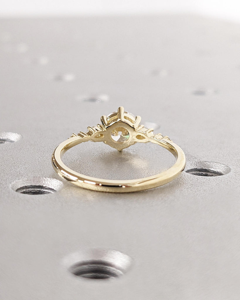 Unique Round and Pear cut Moissanite Cluster Promise Ring | Delicate 14K Yellow Gold Tapered Band | Vintage Moissanite Engagement Ring Gift