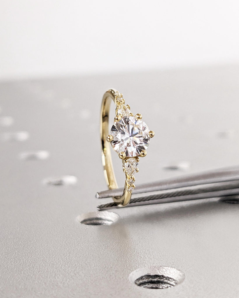 Unique Round and Pear cut Moissanite Cluster Promise Ring | Delicate 14K Yellow Gold Tapered Band | Vintage Moissanite Engagement Ring Gift