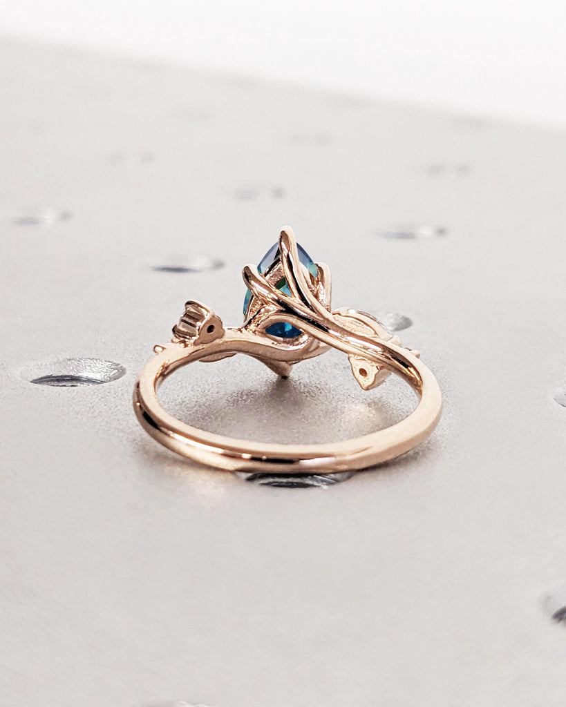 Pear Cut Nature Engagement Ring, Peacock Blue Green Teal Sapphire Ring, Leaf Shape Diamond Accents, Dainty Leaf Ring, Rose Gold Promise Ring