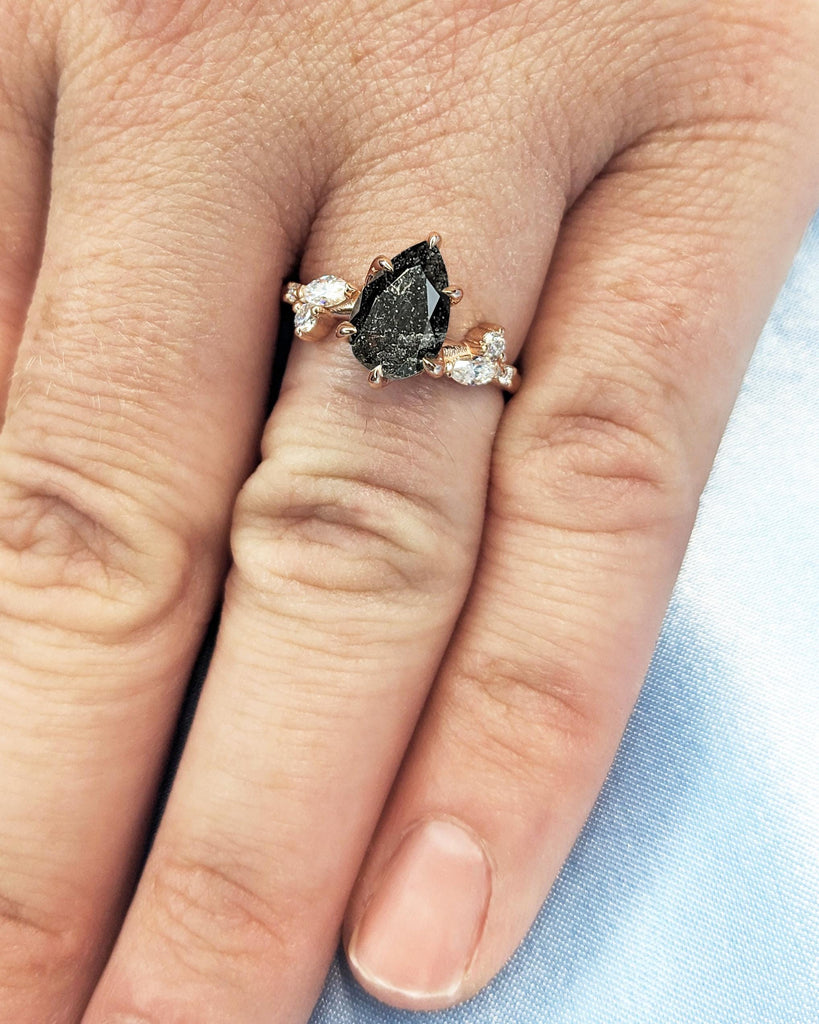 Pear Shaped Nature Engagement Ring, Galaxy Salt and Pepper Diamond Ring, Leaf Shape Diamond Accent, Dainty Leaf Ring, Rose Gold Promise Ring