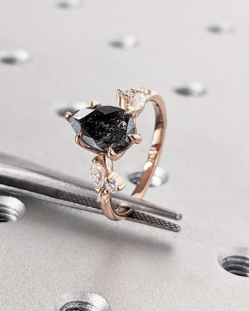 Salt and Pepper Diamond Ring, Dainty 14k Rose Gold Promise Ring, Art Deco Leaf Shape Marquise Pear Diamond Moissanite Ring, Unique Leaf Ring
