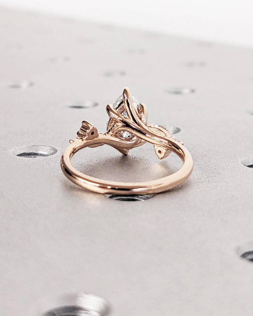 Pear Shaped Lab Diamond Nature Engagement Ring / Diamond Accent Leaves on Twig Ring / Dainty Leaf Ring / 14K Rose Gold / Unique Promise Ring