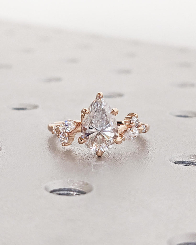 Nature Leaf Twig Pear Moissanite Ring, Pear Shaped Moissanite Engagement Ring, Nature Engagement Ring, Round Marquise Accents, 14K Rose Gold